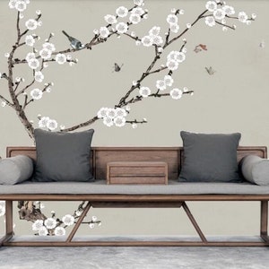 Chinoiserie Hanging Cherry Tree Wallpaper, Flying Birds Home Decor Wall ...