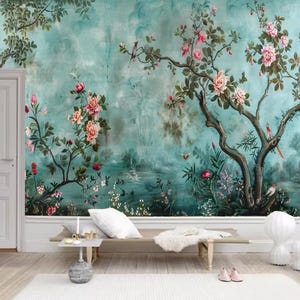 Chinoiserie Peony & Bird Wallpaper Mural: Brushwork Home Decor