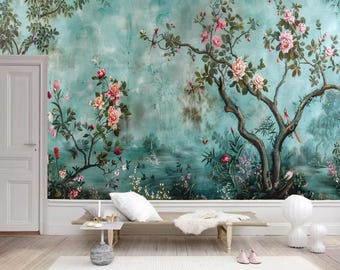 Chinoiserie Peony & Bird Wallpaper Mural: Brushwork Home Decor