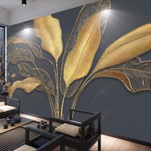 Carta da parati murale 3D con foglie di banana e foglia d'oro, decorazioni per la casa