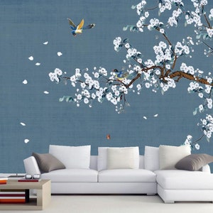 Chinoiserie Hanging Magnolia White Flowers with Flying Birds Wallpaper Home Decor Wall Mural for Living Room Bedroom or Dinning Room