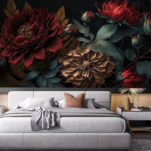 Dark Background Red Blooming Peony Flowers Floral Wallpaper Wall Mural Wall Decor