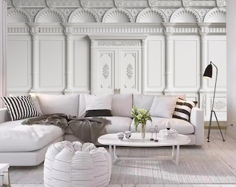 3D White Ornated Mouldings and Classic Cornice Wallpaper Wall Mural Home Decor