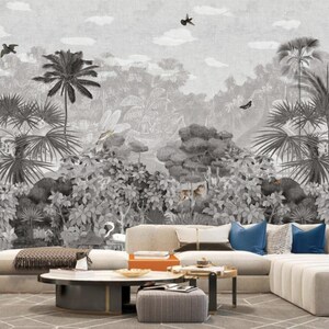Tropical Rainforest Wallpaper Mural: Grey Jungle Animals Home Decor