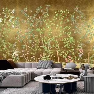 Chinoiserie Wallpaper Mural: Brownish Gold Vine, Flowers & Plants