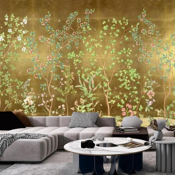 Chinoiserie Brownish Gold Background Vine Wallpaper, Flowers and Plants Home Decor Wall Murals for Living or Dinning Room