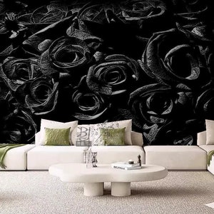 Dark Floral Rose Wallpaper Mural: Living Room Wall Decor