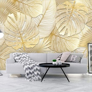 Tropical Rain Forest Gold Leaves Wall Mural, Hand Painted Tropical ...