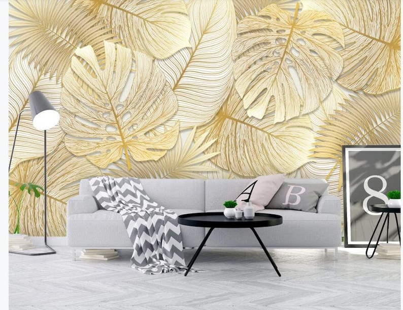 Tropical Rain Forest Gold Leaves Wall Mural Hand Painted Etsy