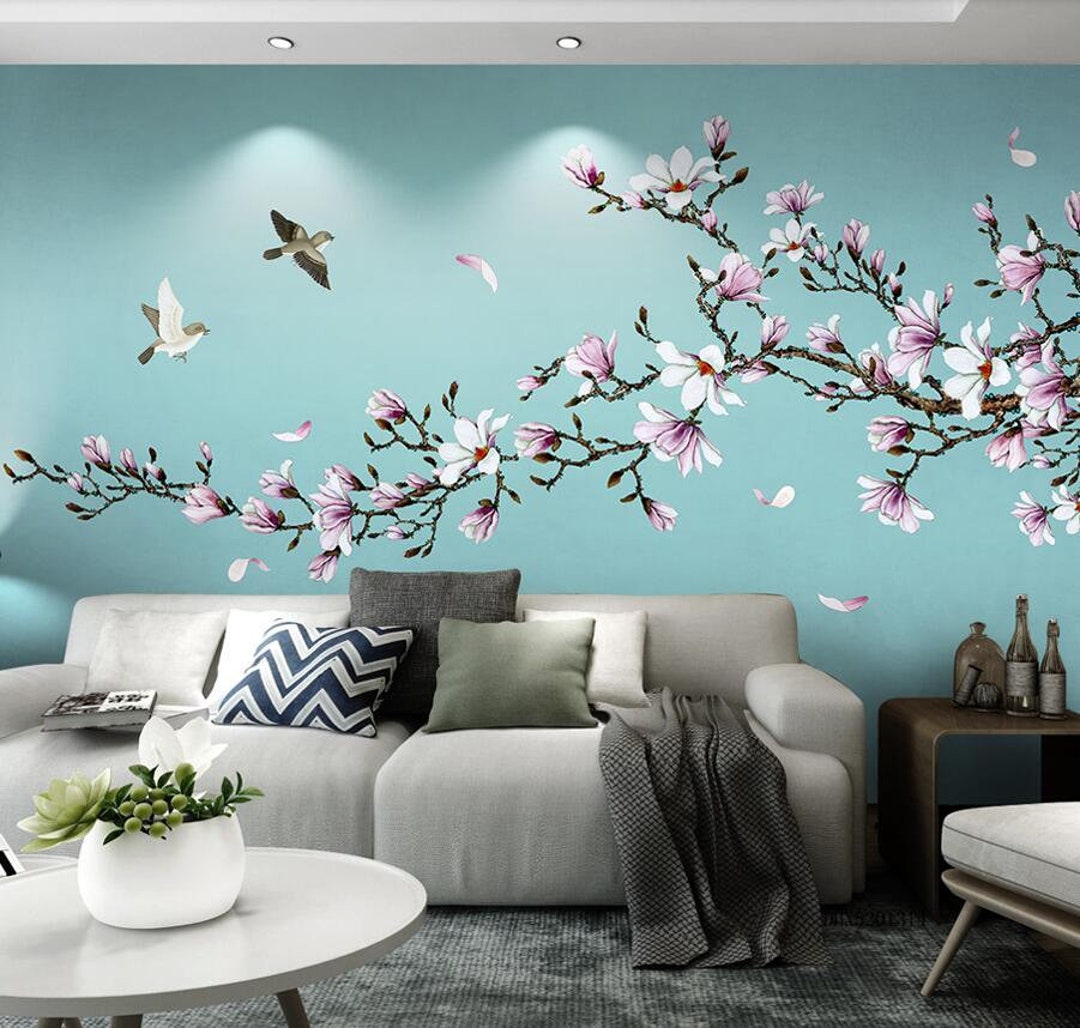 Chinoiserie Hanging Pink Mangnolia Flying Birds Home Decor Wall Murals ...