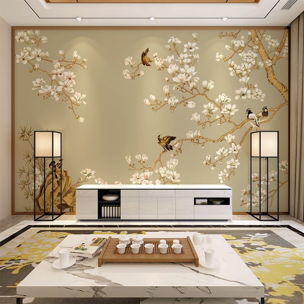 Chinoiserie Hanging Magnolia Tree Wallpaper, Vivid Birds Home Decor Wall Murals