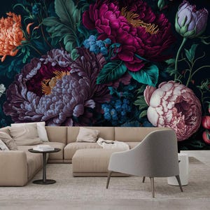 Dark Background Peony Flowers Floral Wallpaper Wall Mural Home Decor