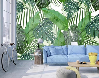 Tropical Rain Forest Banana Leaves Monstera Wall Mural, Hand Painted Tropical Leaves Wall Murals Wall Decor