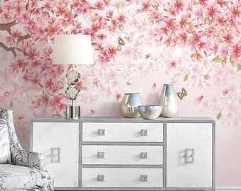 Pink Cherry Blossom Flowers Floral Wallpaper Wall Mural, Pink Flower Bedroom Living Room Wall Mural Wall Decor