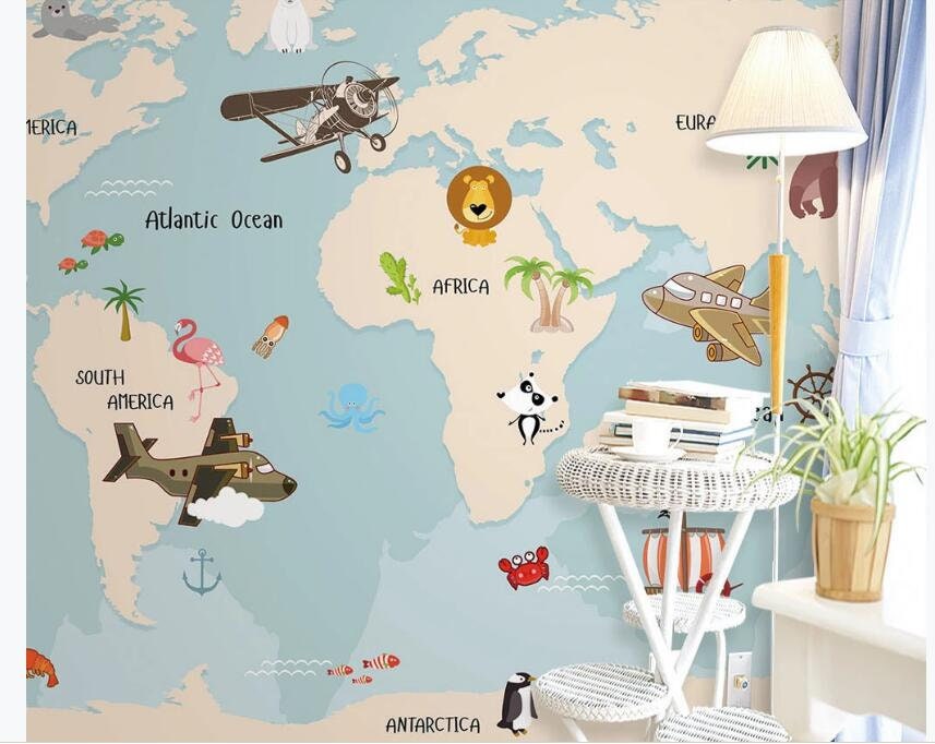 Blue Background Worldmap Nursery Wallpaper Handpainted | Etsy