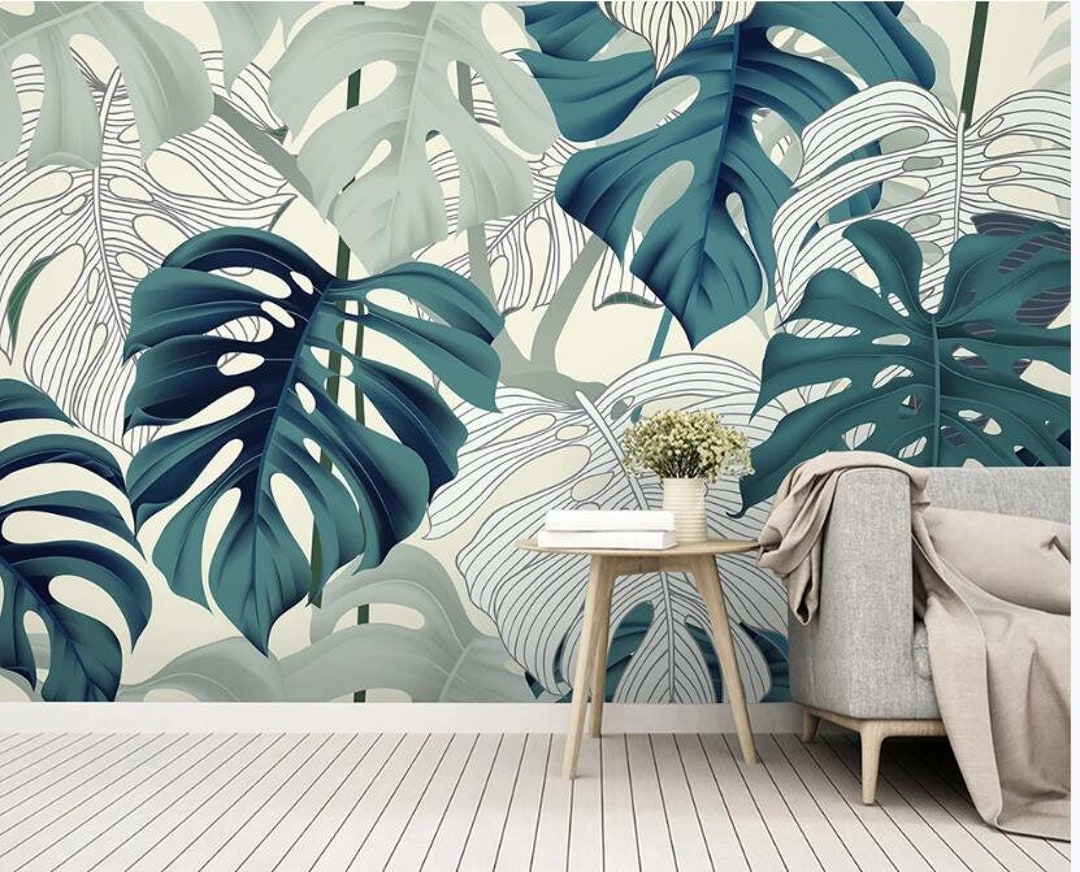 Green Fresh Tropical Leaves Wallpaper Wall Mural Simple - Etsy Green Fresh Tropical Leaves Wallpaper Wall Mural Simple - Etsy