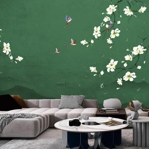 Chinoiserie Brushwork Hanging White Magnolia Blossom with Flying Birds Wallpaper Home Decor Wall Mural for Living Room Bedroom Dinning Room