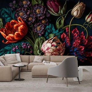 Sfondo scuro Peonia Fiori Carta da parati floreale Murale Decorazione per la casa