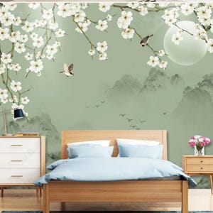 Chinoiserie Magnolia Tree Wallpaper: Birds and Moon Wall Mural