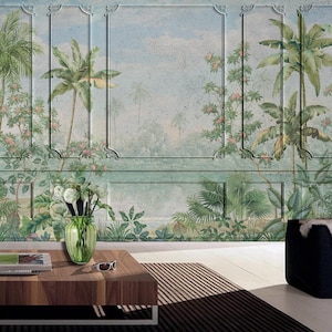 Tropical Sepia Landscape Wallpaper Mural: Ornate Molding Panels