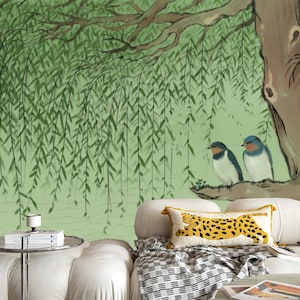 Spring Willow Tree with Vivid Birds Wallpaper Wall Mural Home Decor