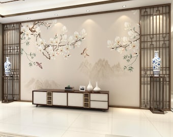 Chinoiserie Brushwork Suspendu Magnolia avec Oiseaux Papier Peint Peintures Murales pour Salon ou Salle à Manger