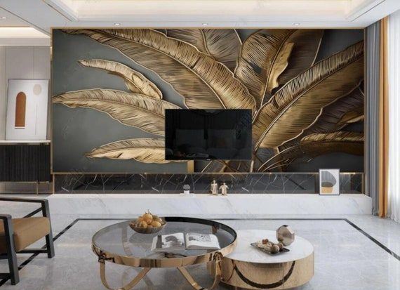 3D Gold Banana Leaf Wallpaper Mural: Tropical Home Decor - Etsy Israel