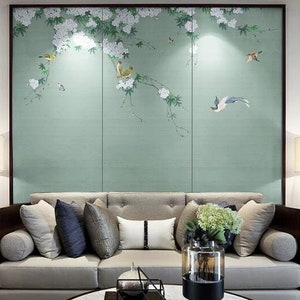 Chinoiserie Hanging Cherry Tree Wallpaper, Flying Birds Home Decor Wall ...