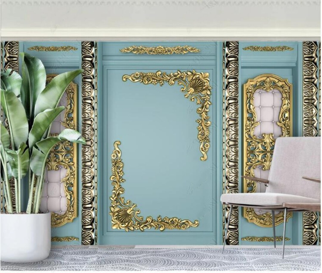 3D European Style Blue Background Gold Flower Softbag Wallpaper Wall ...