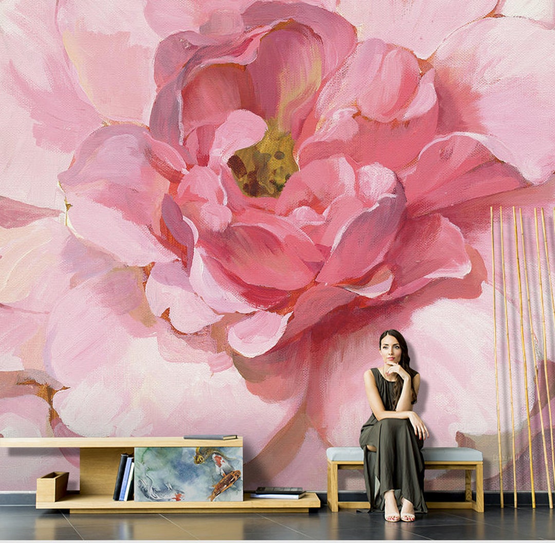 Oil Painting Pink Peony Floral Wallpaper Wall Mural, Abstract Pink Big ...