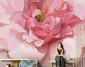 Oil Painting Pink Peony Floral Wallpaper Wall Mural, Abstract Pink Big Rose Bedroom Living Room Wall Mural Wall Decor