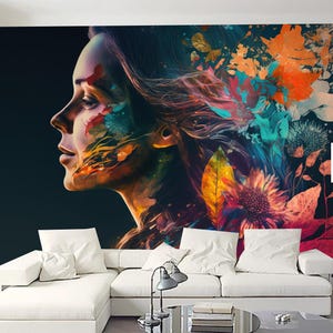 Creative Beauty Women with Flowers Wallpaper Wall Mural Home Decor