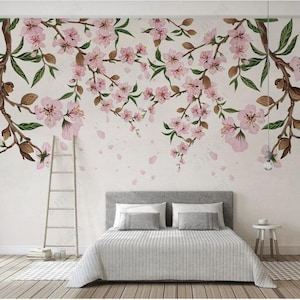 Pink Peach Blossom Wall Mural: Bedroom Living Room Decor