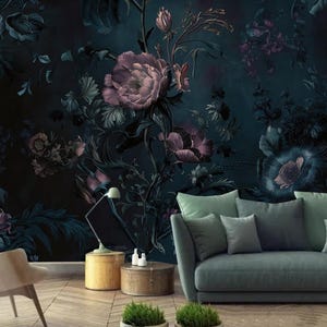 Sfondo scuro Fiori Carta da parati floreale Decorazione murale da parete