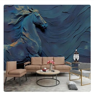 3D Stone Carving Horse Wallpaper Mural: Blue Embossed Home Decor