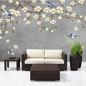Chinoiserie Magnolia Wallpaper Mural: Flying Birds Wall Decor