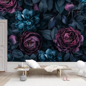 Dark Background Burgundy Wine Red Rose Flowers Floral Wallpaper Wall Mural for Living  Room Bedroom or Dinning Room