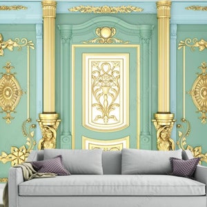 European Style Green & Gold Floral Column Wallpaper Mural