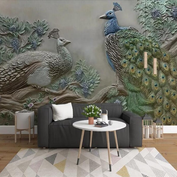 3D européen stéréoscopique en relief deux grands paons papier peint, peint à la main énorme arbre et paons peintures murales décoration murale