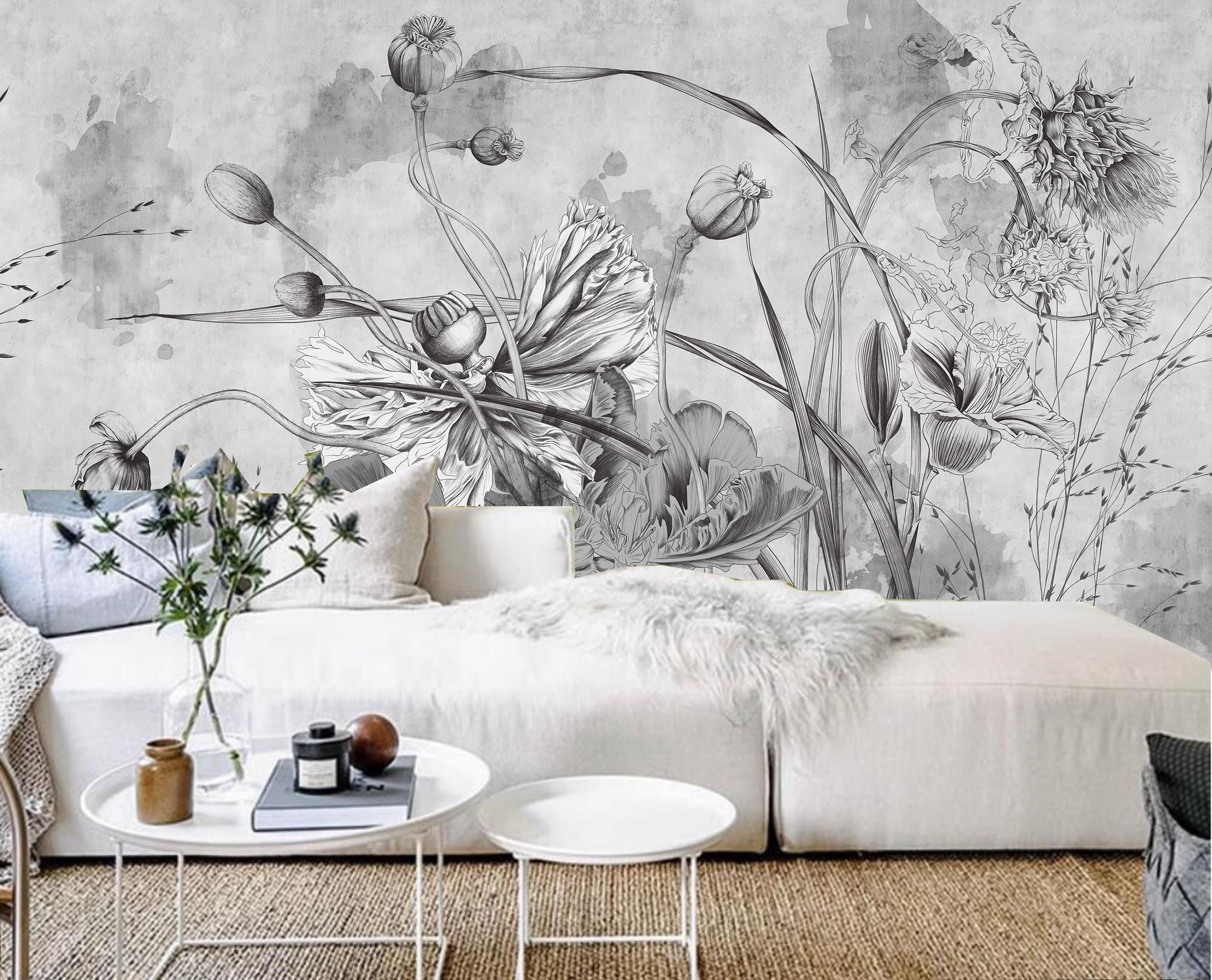 Grey Flowers Wildflowers Floral Wallpaper Wall Mural Home Decor - Etsy