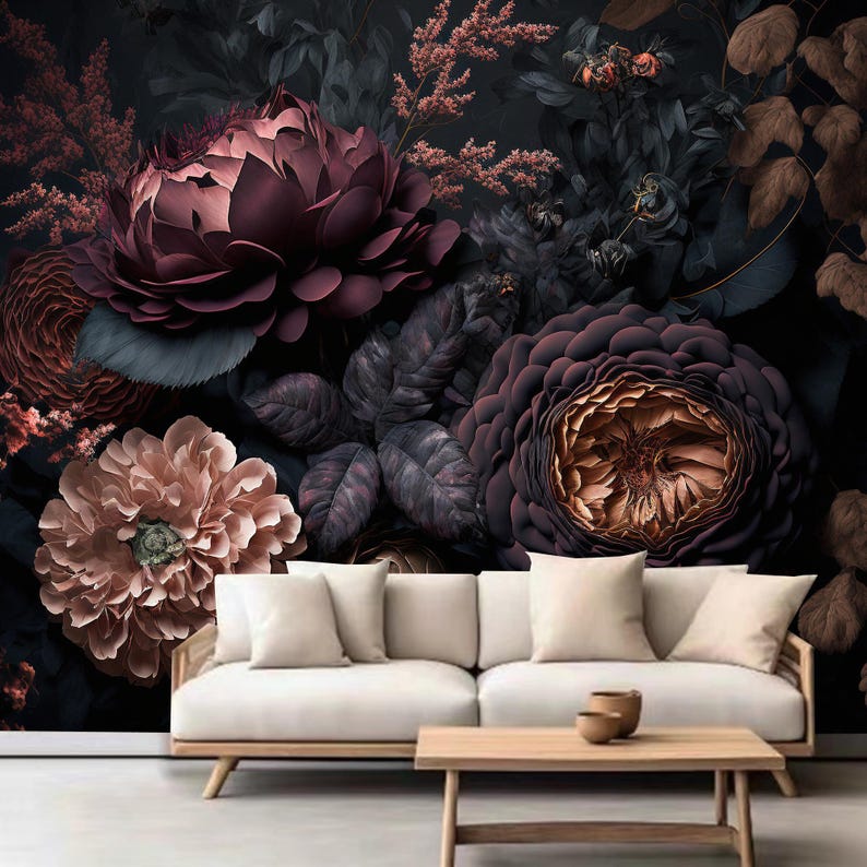 Dark Background Roses Flowers Floral Wallpaper Wall Mural Home Decor - Etsy