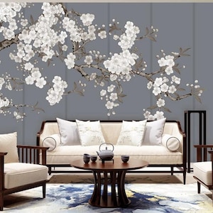 Chinoiserie Hanging Magnolia Tree Wallpaper, Handpainted Brushwork Flying Birds and Magnolia Flowers Wall Murals for Living or Dinning Room