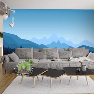 Ombre Mountains Mural Wallpaper Geometry Mountain Landscape Wallpaper Blue Background Nursery Decor Wall Murals