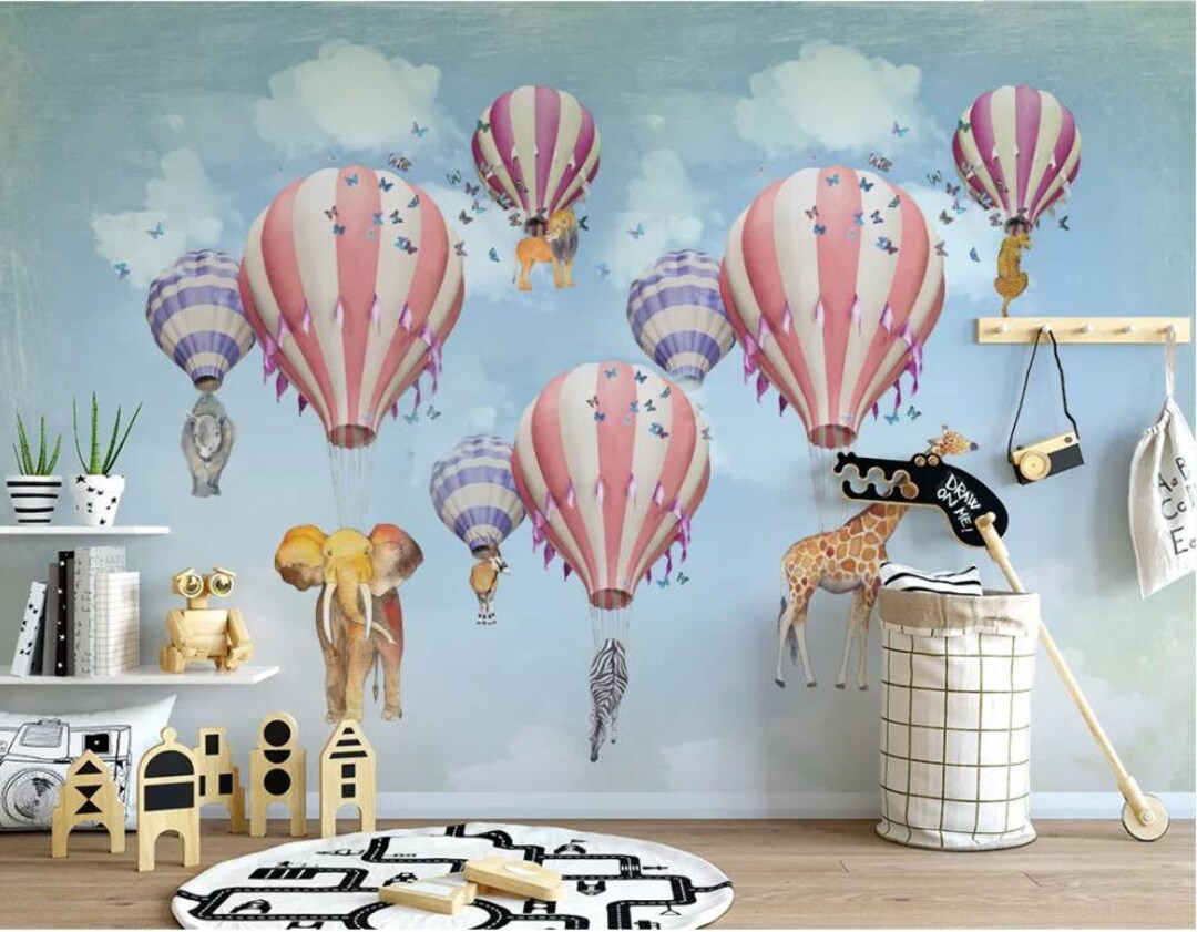 Cartoon Colorful Hot-air Balloon Nursery Wallpaper Lovely - Etsy