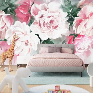 Pink Rose Floral Wallpaper Mural - Nursery Decor