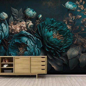 Mural de papel pintado floral de peonía verde: Decoración oscura para el hogar