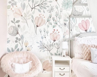 Pink Corn Poppy Floral Wallpaper: Nursery Wall Mural