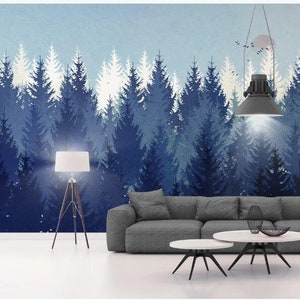 Misty Forest Scene mural, Foggy Mountain Trees Forests Mural, Forest Haze Wallpaper, Nursery and Room Décor, Flying Birds Wallpaper