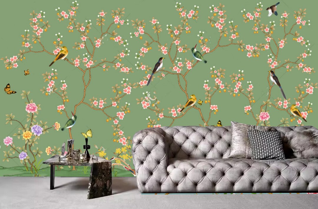 Chinoiserie Cherry Blossom Wallpaper Mural: Birds & Vines - Etsy