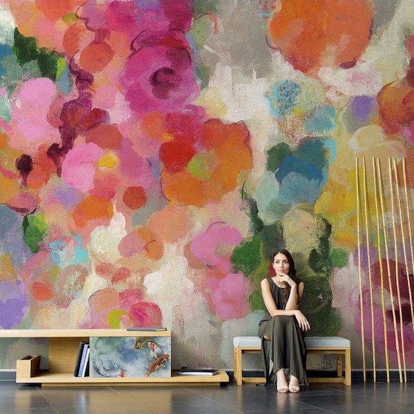 Mural de pared con pintura al óleo floral rosa: papel pintado de flores de acuarela
